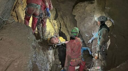 Italian Alpine rescuers (CNSAS) carry U.S. caver Mark Dickey on stretcher as part of a rescue operation in Morca Cave in Mersin province, southern Turkey September 11, 2023. Italian Alpine Rescue/Handout via REUTERS